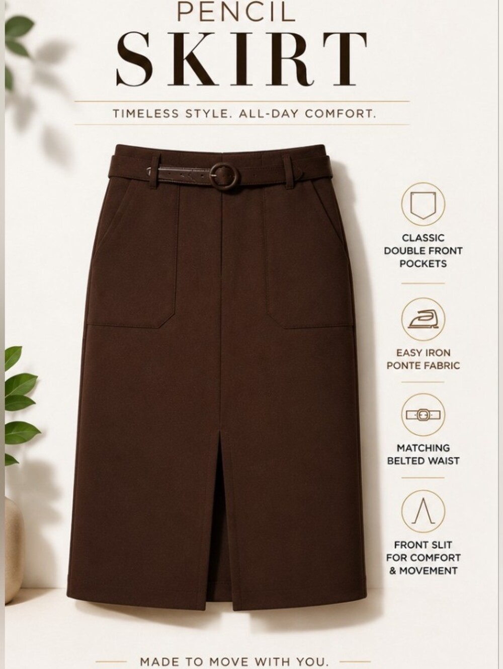 Elegant Brown Double Front Pocket Pencil Skirt with Belt and Split